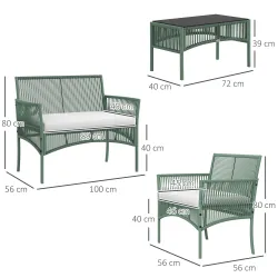 Conjunto de Jardín Exterior de Ratán Sintético con 2 Sillones 1 Sofá de 2 Plazas 1 Mesa de Centro y Cojines Verde - Ogal.Es