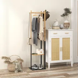 Perchero de Pie de Bambú con 2 Estantes 2 Ganchos 5 Barras con Estructura de Acero para Colgar Ropa Natural y Negro - Ogal.Es