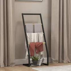 Toallero de Pie con 4 Barras de Bambú y Acero para Baño Lavadero 40,5x28x98 cm Negro y Natural - Ogal.Es