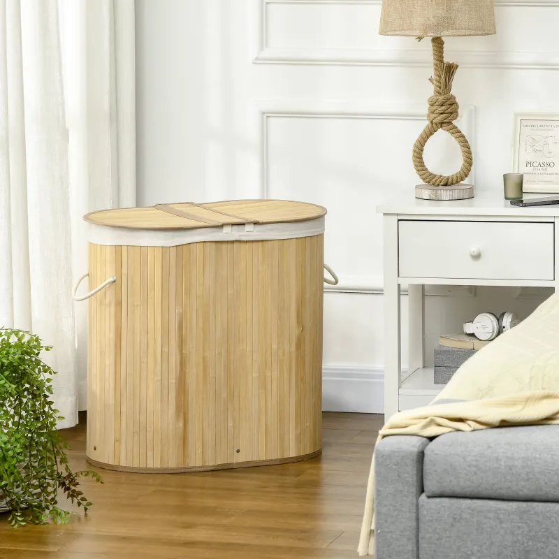 Cesto para Ropa Sucia de Bambú 100L 2 Compartimentos Bolsa Interior Extraíble y Lavable 62,5x37x60,5 cm Natural - Ogal.Es