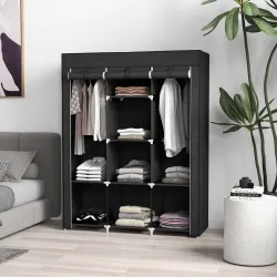 Armario de Tela Plegable Ropero Portátil con 8 Estantes y 2 Barras de Colgar para Dormitorio 125x43x162,5 cm Negro - Ogal.Es