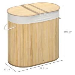 Cesto para Ropa Sucia de Bambú 100L 2 Compartimentos Bolsa Interior Extraíble y Lavable 62,5x37x60,5 cm Natural - Ogal.Es