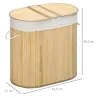 Cesto para Ropa Sucia de Bambú 100L 2 Compartimentos Bolsa Interior Extraíble y Lavable 62,5x37x60,5 cm Natural - Ogal.Es