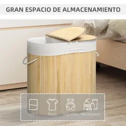 Cesto para Ropa Sucia de Bambú 100L 2 Compartimentos Bolsa Interior Extraíble y Lavable 62,5x37x60,5 cm Natural - Ogal.Es