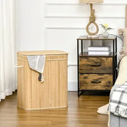Cesto de Ropa Sucia 90 L de Bambú con 2 Compartimentos Asas Bolsa Interior Extraíble 54,2x35,2x59,5 cm Natural - Ogal.Es