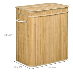 Cesto de Ropa Sucia 90 L de Bambú con 2 Compartimentos Asas Bolsa Interior Extraíble 54,2x35,2x59,5 cm Natural - Ogal.Es