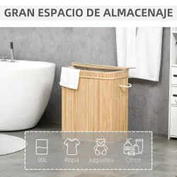 Cesto de Ropa Sucia 90 L de Bambú con 2 Compartimentos Asas Bolsa Interior Extraíble 54,2x35,2x59,5 cm Natural - Ogal.Es