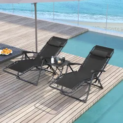 Set de 2 Tumbonas Jardín Exterior Plegables de Gravedad Cero con Mesa Auxiliar con Portavasos Reposacabezas Negro - Ogal.Es
