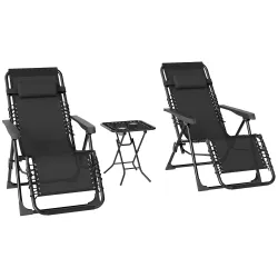 Set de 2 Tumbonas Jardín Exterior Plegables de Gravedad Cero con Mesa Auxiliar con Portavasos Reposacabezas Negro - Ogal.Es
