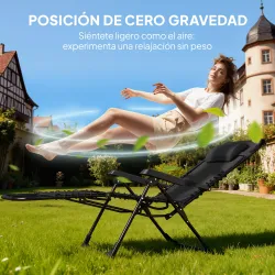 Set de 2 Tumbonas Jardín Exterior Plegables de Gravedad Cero con Mesa Auxiliar con Portavasos Reposacabezas Negro - Ogal.Es