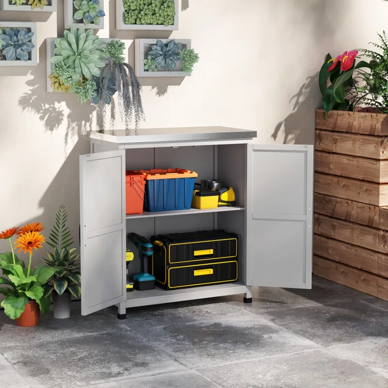 Caseta de Jardín Exterior de Madera con Techo de Acero y 2 Puertas para Almacenamiento Herramientas 79x43x92 cm ... - Ogal.Es