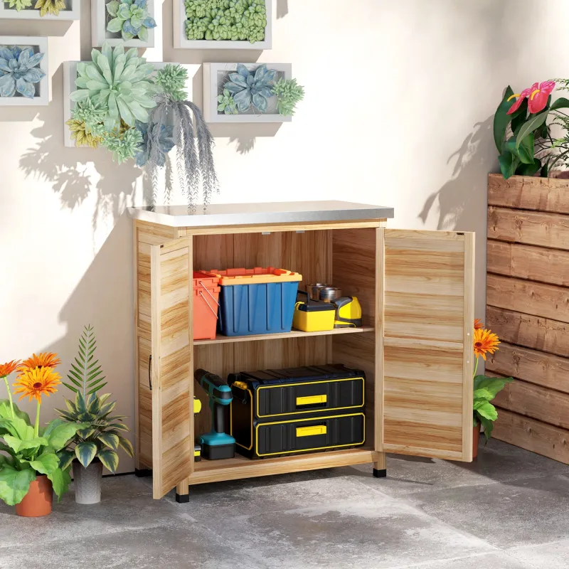 Caseta de Jardín Exterior de Madera con Techo de Acero y 2 Puertas para Almacenamiento Herramientas 79x43x92 cm ... - Ogal.Es