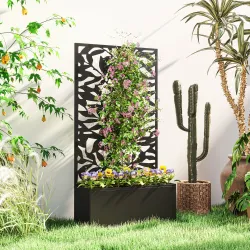 Jardinera Elevada con Panel de Privacidad de Hojas Decorativas de Metal y Opción de Montaje en Pared 61x23x113 c... - Ogal.Es