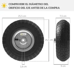 Juego de 4 Ruedas para Carretilla Neumáticos de Goma Ø255 x 75 mm Eje de 16 mm Carga 80 kg Negro - Ogal.Es