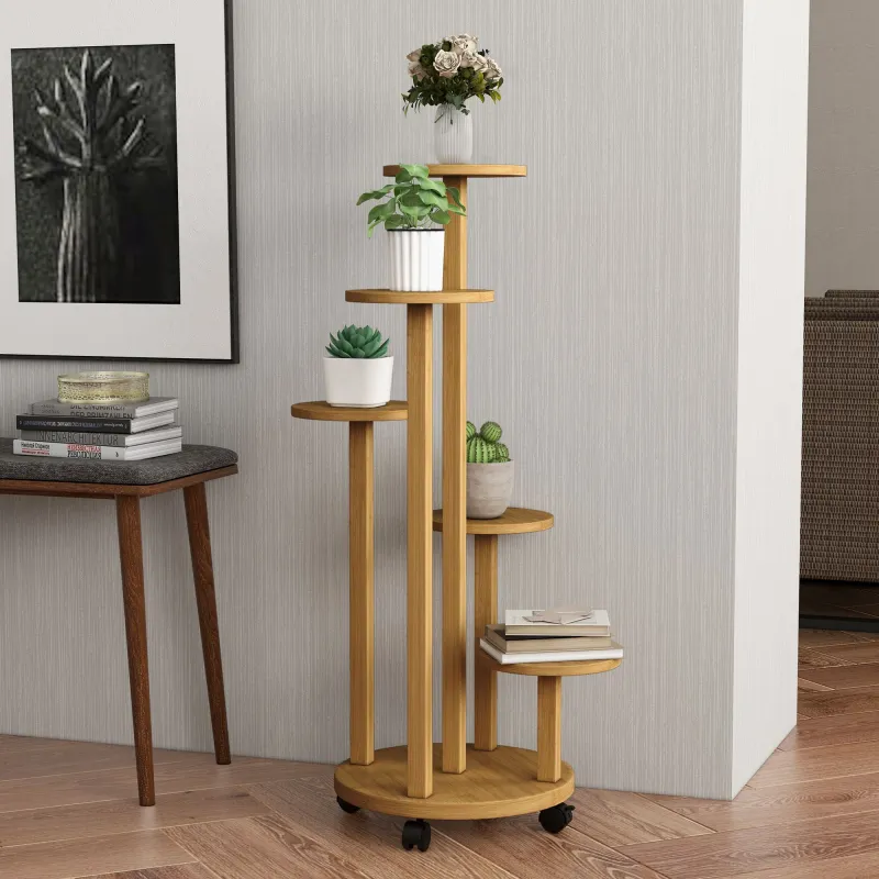 Soporte para Plantas de Bambú con Ruedas de 5 Niveles Estantería Redonda para Plantas para Esquina 33x33x90 cm N... - Ogal.Es