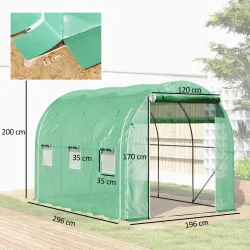 Invernadero de Túnel 296x196x200 cm Invernadero de Jardín con 3 Puertas y 6 Ventanas Marco de Acero Galvanizado ... - Ogal.Es