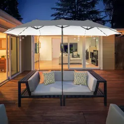 Sombrilla Doble con 48 Luces LED 4,5x2,65 m Manivela Protección Solar para Terraza Jardín Piscina Crema - Ogal.Es