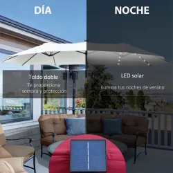 Sombrilla Doble con 48 Luces LED 4,5x2,65 m Manivela Protección Solar para Terraza Jardín Piscina Crema - Ogal.Es