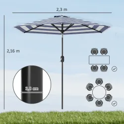 Sombrilla de Jardín Ø230x216 cm con Apertura Manual Ángulo Ajustable e Impermeable para Terraza Piscina Azul y B... - Ogal.Es