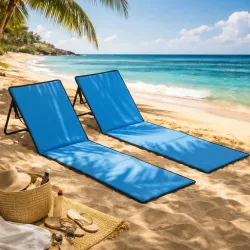 Conjunto de 2 Esterillas de Playa Plegable con Respaldo Reclinable y Correa de Transporte 142x51x40 cm Azul - Ogal.Es