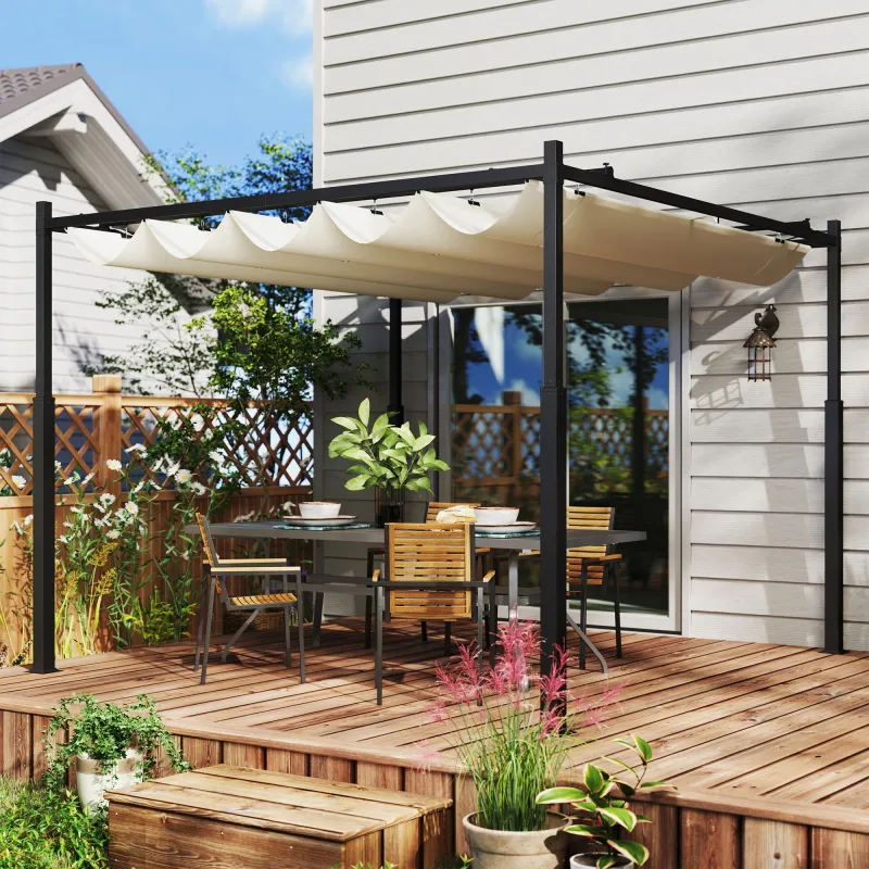 Pérgola de jardín exterior 3x3 m con techo retráctil y fijación magnética, toldo sol UPF30+, Crema - Ogal.Es
