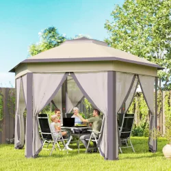 Carpa Plegable 4x3,4 m con Doble Techo 6 Mosquiteras Extraíbles y Bolsa de Transporte Anti-UV Marrón y Beige - Ogal.Es