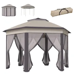Carpa Plegable 4x3,4 m con Doble Techo 6 Mosquiteras Extraíbles y Bolsa de Transporte Anti-UV Marrón y Beige - Ogal.Es