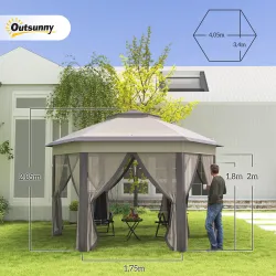Carpa Plegable 4x3,4 m con Doble Techo 6 Mosquiteras Extraíbles y Bolsa de Transporte Anti-UV Marrón y Beige - Ogal.Es