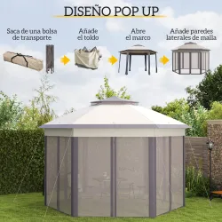 Carpa Plegable 4x3,4 m con Doble Techo 6 Mosquiteras Extraíbles y Bolsa de Transporte Anti-UV Marrón y Beige - Ogal.Es