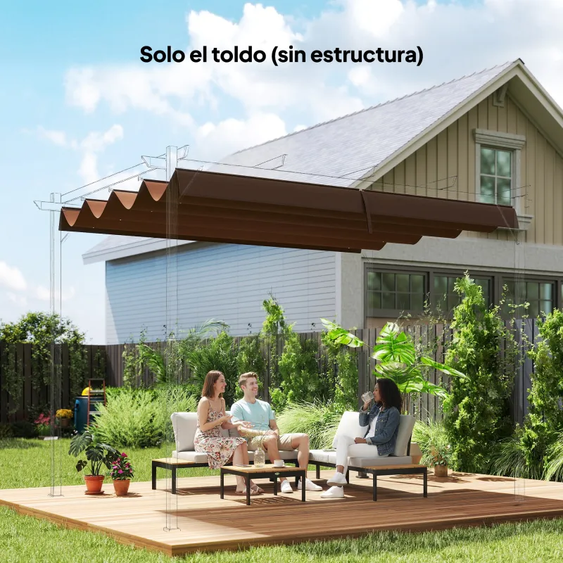 Techo de Repuesto Retráctil 3x2,5 m para Marco de 3x2 m Toldo de Tela Solo para Cenador Jardín con 8 Orificios Café - Ogal.Es
