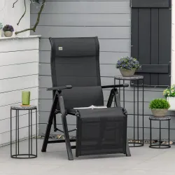 Silla Reclinable Plegable de Jardín con Respaldo Ajustable en 9 Posiciones y Cojín Lumbar 70x65x111 cm Negro - Ogal.Es