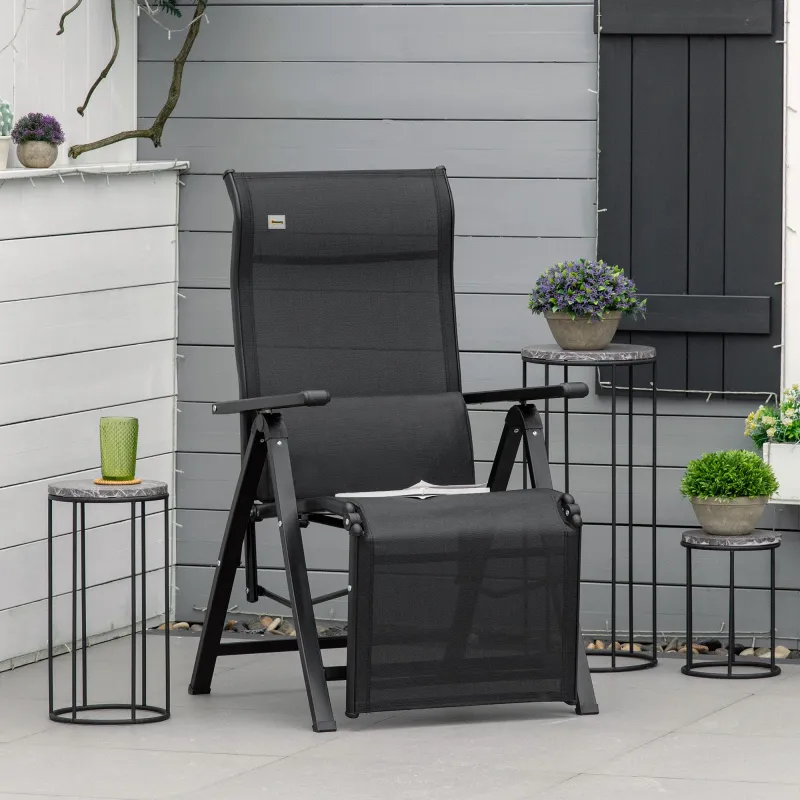 Silla Reclinable Plegable de Jardín con Respaldo Ajustable en 9 Posiciones y Cojín Lumbar 70x65x111 cm Negro - Ogal.Es