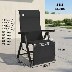 Silla Reclinable Plegable de Jardín con Respaldo Ajustable en 9 Posiciones y Cojín Lumbar 70x65x111 cm Negro - Ogal.Es