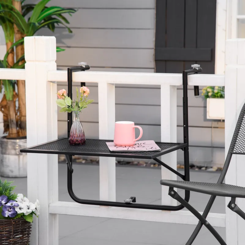 Mesa Colgante para Balcón Plegable de Metal con Altura Ajustable en 4 Niveles Carga 10 kg 60x60x57-72 cm Negro - Ogal.Es