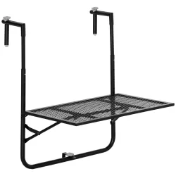 Mesa Colgante para Balcón Plegable de Metal con Altura Ajustable en 4 Niveles Carga 10 kg 60x60x57-72 cm Negro - Ogal.Es