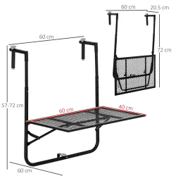 Mesa Colgante para Balcón Plegable de Metal con Altura Ajustable en 4 Niveles Carga 10 kg 60x60x57-72 cm Negro - Ogal.Es
