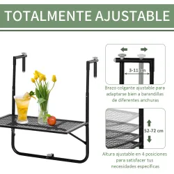 Mesa Colgante para Balcón Plegable de Metal con Altura Ajustable en 4 Niveles Carga 10 kg 60x60x57-72 cm Negro - Ogal.Es