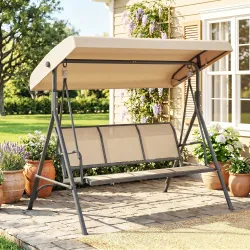 Columpio de Jardín Exterior de 3 Plazas con Toldo Reclinable Respaldo Transpirable Marco de Acero 175x118x159 cm... - Ogal.Es