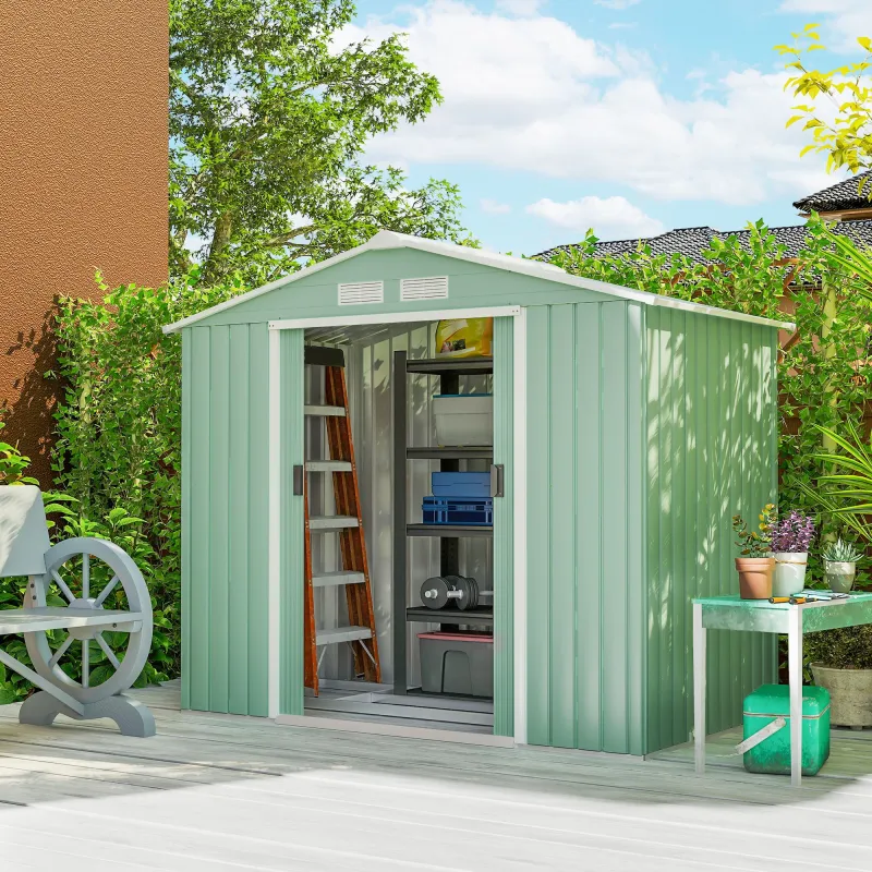 Caseta de Jardín 213x130x185 cm Cobertizo de Exterior Metálico para Almacenamiento de Herramientas Verde Claro - Ogal.Es