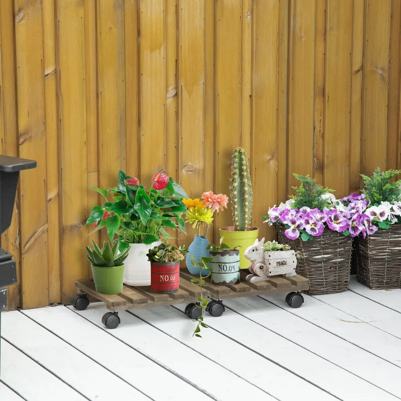 Pack de 2 Plataformas con Ruedas de Madera Soportes para Plantas Macetas Exterior Interior Carga 50 kg Marrón Os... - Ogal.Es