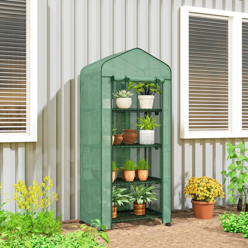 Invernadero de Exterior con 4 Estantes Ruedas Puerta Enrollable Cubierta de PE y Marco de Acero 69x50x165 cm Verde - Ogal.Es