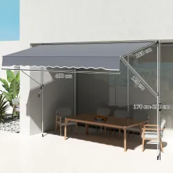 Toldo Manual Retráctil 4x1,2 m Altura Ajustable 170-280 cm con Manivela Anti-UV e Impermeable Sin Taladro Gris O... - Ogal.Es