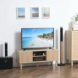 Mesa de TV con Puertas Correderas Estantes Abiertos Orificios para Cables para Televisión hasta 50 Pulgadas Natural - Ogal.Es