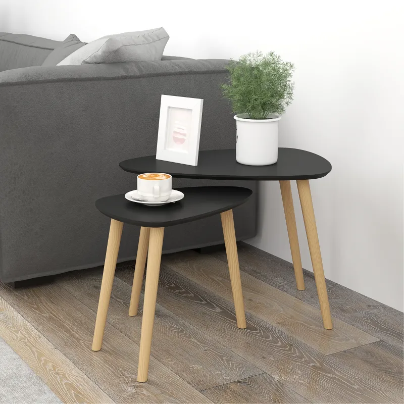 Juego de 2 Mesas de Centro Mesa Nido Moderna Mesitas Auxiliares Patas de Madera de Pino para Salón Negro y Natural - Ogal.Es