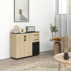 Aparador de Salón Estrecho con 2 Puertas 2 Cajones Estante Ajustable 90x30x75,5 cm Natural y Negro - Ogal.Es