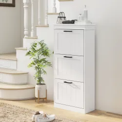 Zapatero Estrecho con 3 Puertas Abatibles Estantes Ajustables para 15 Pares de Zapatos Blanco - Ogal.Es