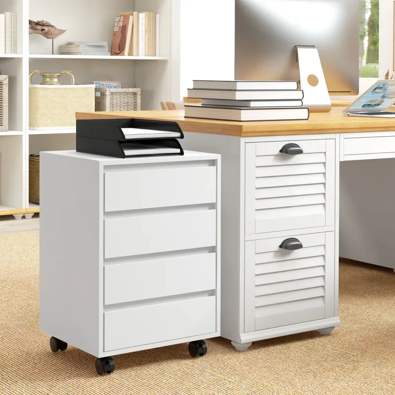 Cajonera de Oficina con 4 Cajones Cajonera de Escritorio con Ruedas para Estudio 46x40x65 cm Blanco - Ogal.Es
