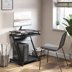Mesa de Ordenador con Ruedas 60x48 cm con Bandeja Deslizante para Teclado y Estante Inferior Marco Metálico Negro - Ogal.Es