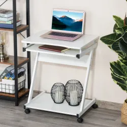 Mesa de Ordenador con Ruedas 60x48 cm con Bandeja Deslizante para Teclado y Estante Inferior Marco Metálico Blanco - Ogal.Es