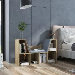Librería con Asiento Estantería de Libros con 6 Cubos Cojín para Sala de Estar Dormitorio 102x30x61cm Roble y Gris - Ogal.Es